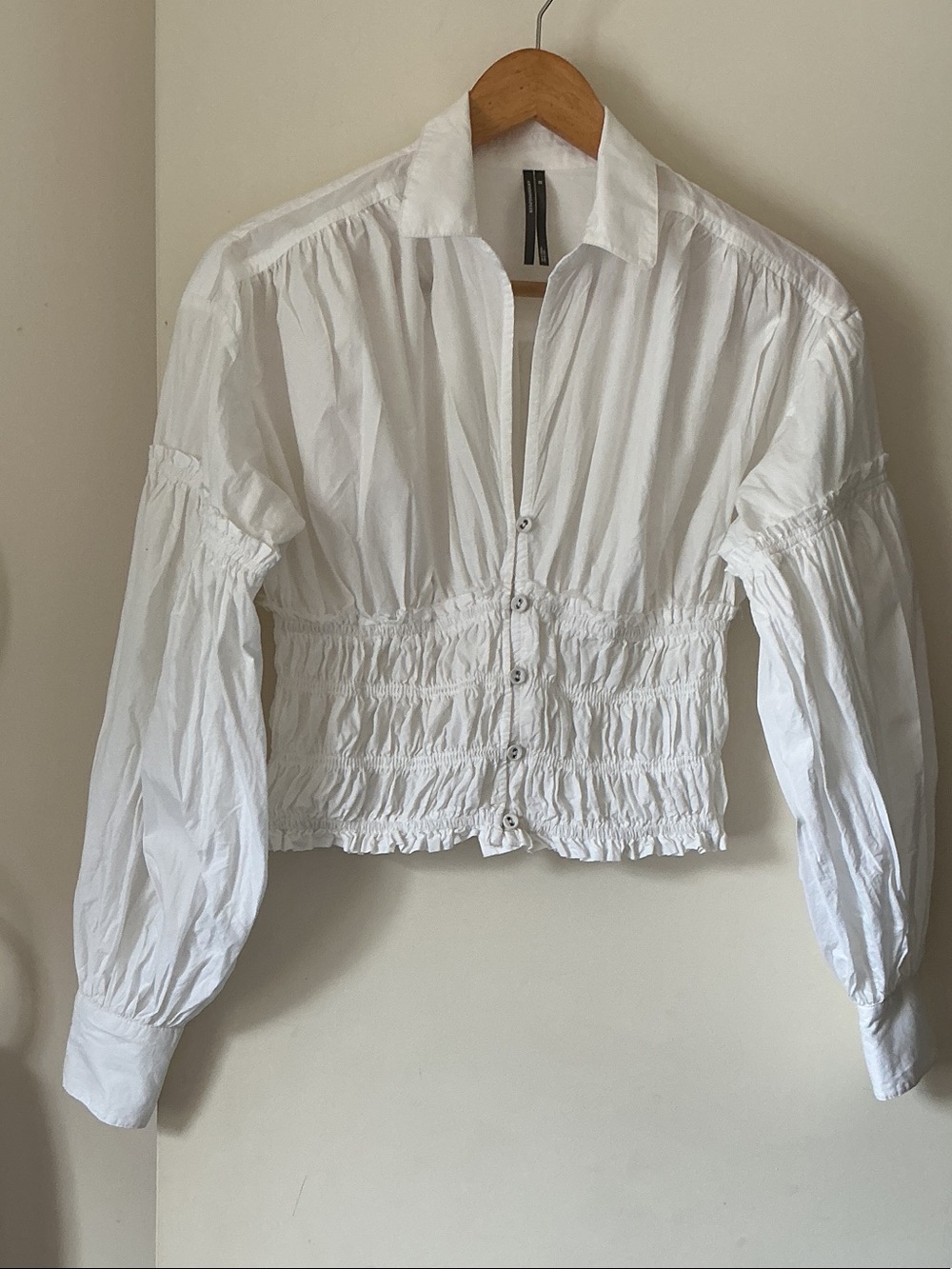 ANTHROPOLOGIE White Smocked Button-Front Women's Top